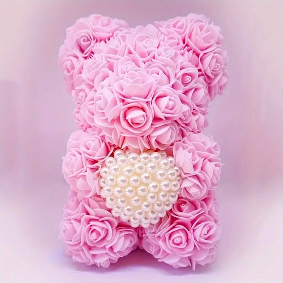 Other - Pink Rose Teddy Bear with Pearl Heart